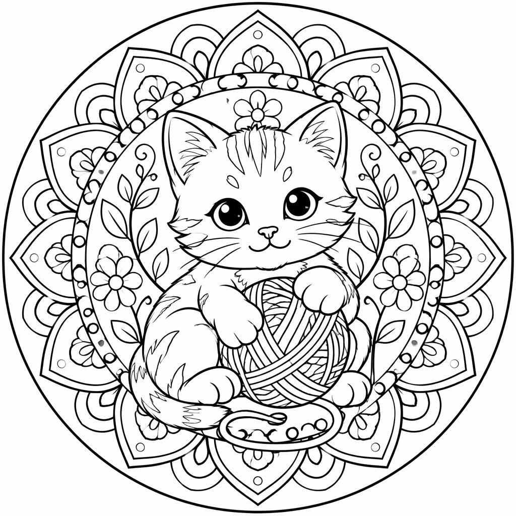 Black-and-white line art of a kitten playing with yarn in a mandala coloring page style for kids.
