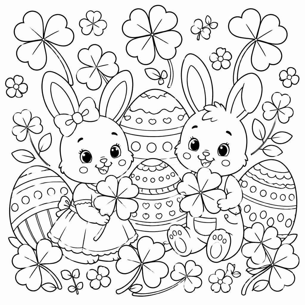 Black-and-white coloring page of bunny kids with easter eggs in a simple zentangle doodle line-art style.