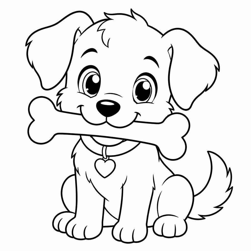 Schwarz-weiße Malvorlage mit süßem Hund und Knochen im einfachen Manga-Stil für Kinder