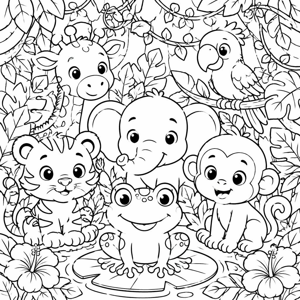 Ilustración para colorear en blanco y negro de un sapo tierno con animales de la jungla en estilo caricatura.