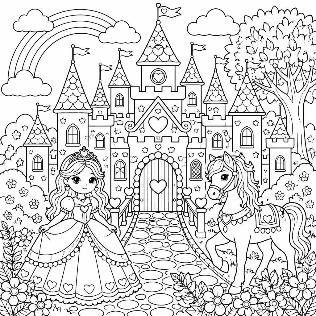 Schwarz-weiße Ausmalvorlage mit märchenhaftem Prinzessinnenschloss im Zentangle-Stil für Kinder