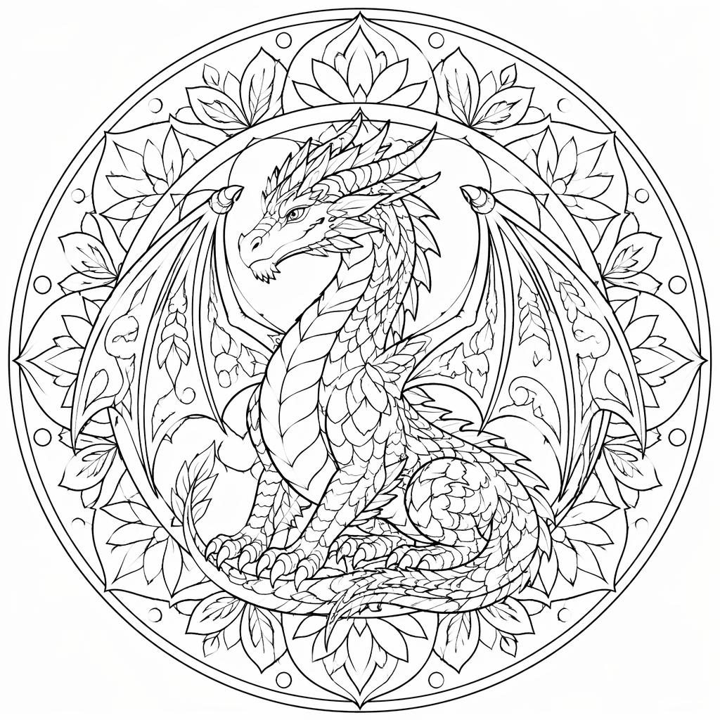 Ilustración para colorear en blanco y negro de un dragón adulto fantástico con detalles botánicos y contornos limpios.