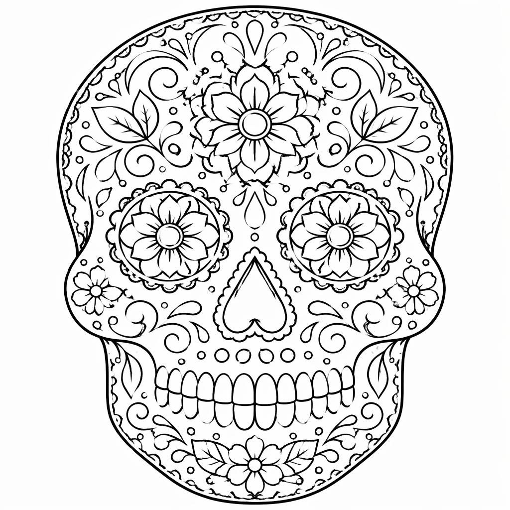 Black-and-white sugar skull coloring page with intricate mandala-style details, clean closed outlines on a white background.