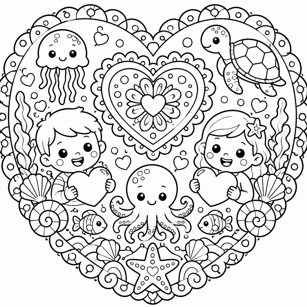 Ilustración en blanco y negro con corazones infantiles grandes, estilo doodle y contornos gruesos para colorear.