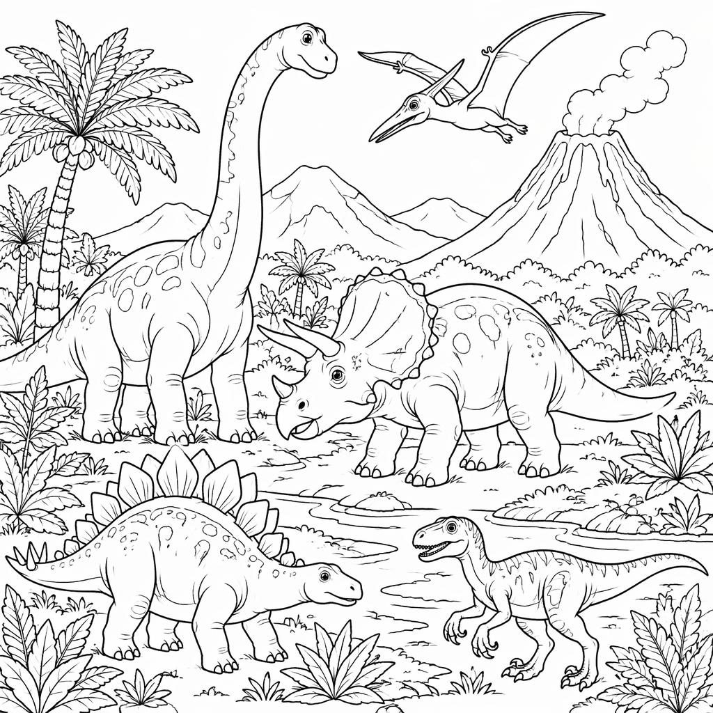 Ilustración para colorear en blanco y negro con escenas de dinosaurios para niños, trazos limpios y detallados.