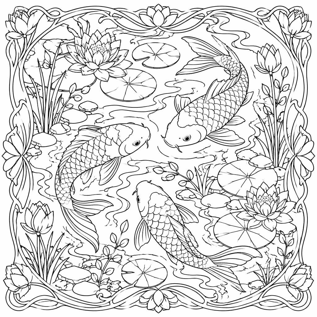 Página para colorear en blanco y negro con estanque koi detallado, líneas limpias y estilo art nouveau.