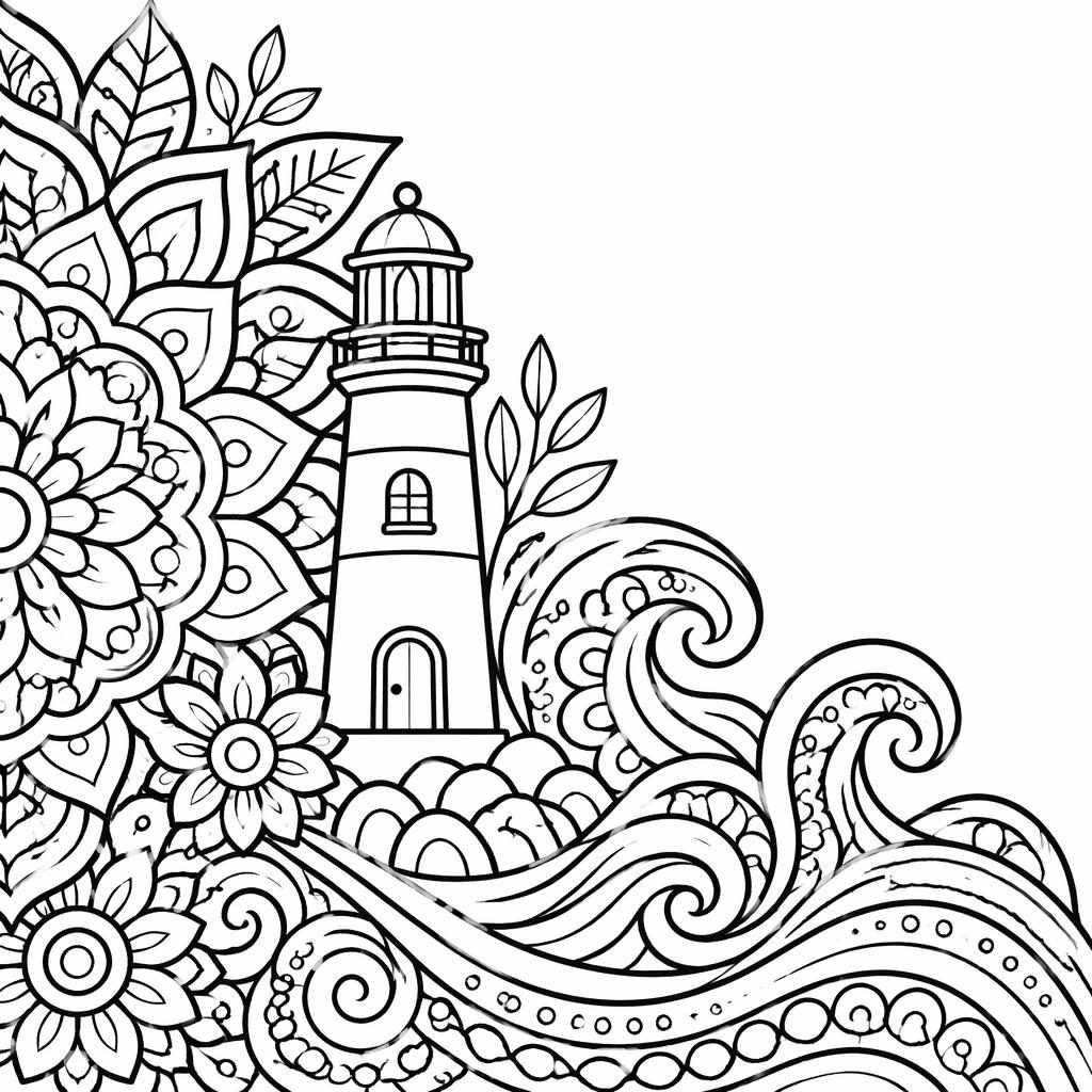Ilustración para colorear en blanco y negro de un faro con olas y detalles botánicos de estilo mandala.
