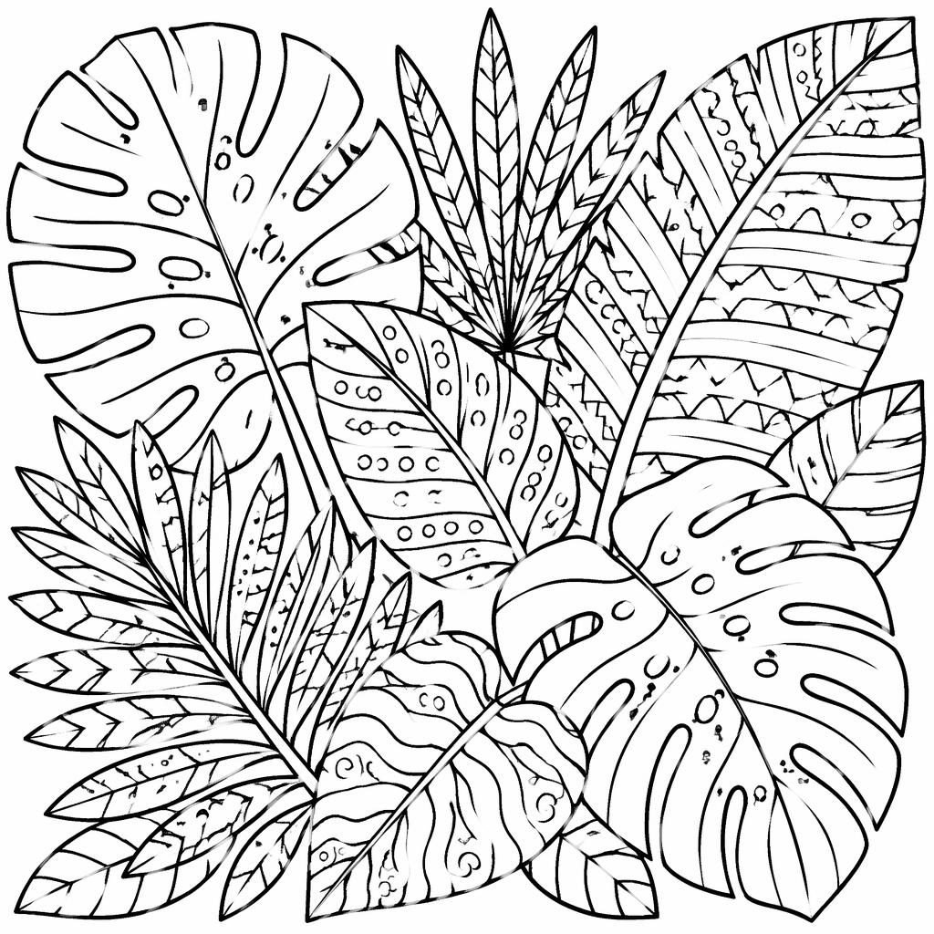 Schwarz-weiße Ausmalbild-Illustration mit tropischen Blättern im Zentangle-Stil, klaren Konturen und weißem Hintergrund.