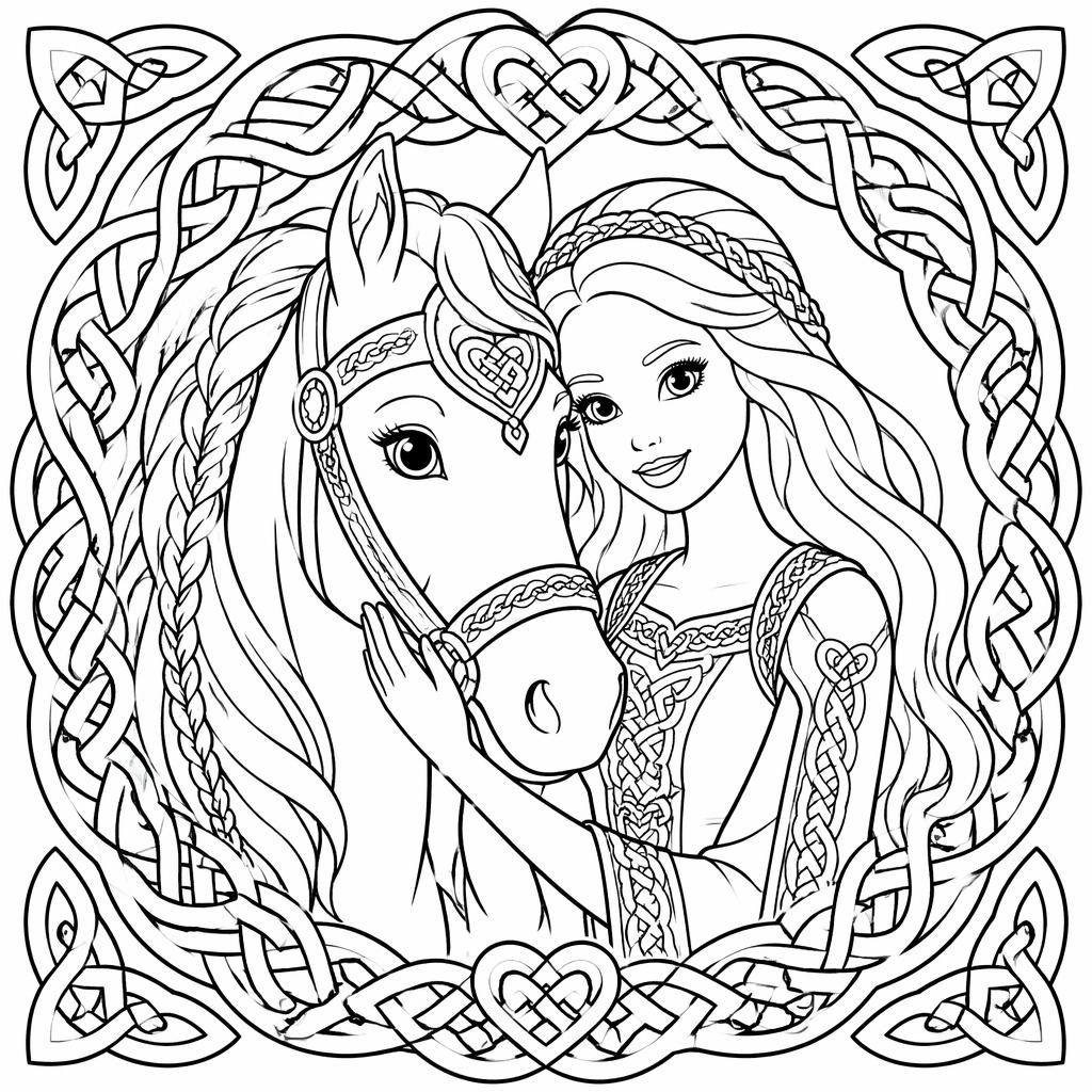 Illustration de coloriage en noir et blanc avec nœuds celtiques complexes, style manga, contours nets sur fond blanc.