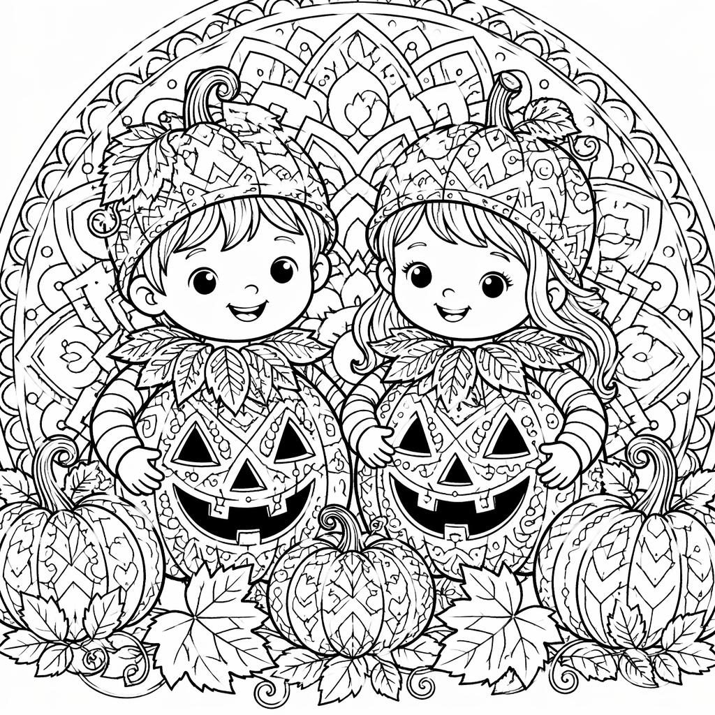 Black-and-white coloring page of kids with Halloween pumpkins in a detailed mandala line-art style.