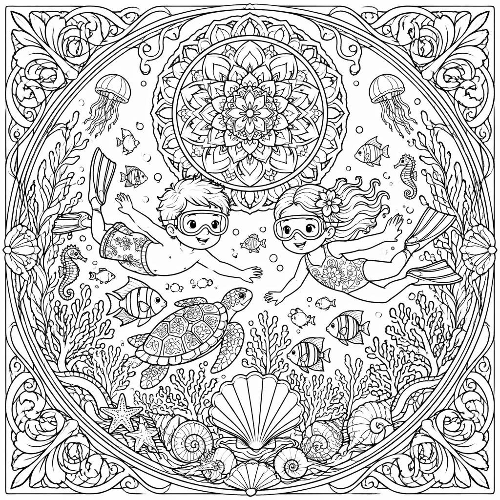 Ilustración en blanco y negro de una escena submarina infantil con peces, corales y detalles ornamentales tipo mandala.