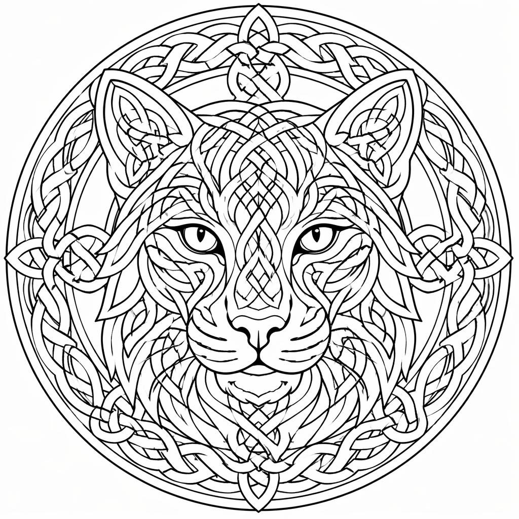 Ilustración para colorear en blanco y negro con nudos celtas intrincados y formas cerradas, lista para imprimir.