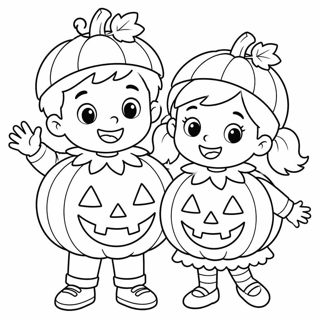 Ilustración para colorear en blanco y negro de niños con calabaza de Halloween, estilo caricatura tierno y líneas simples.
