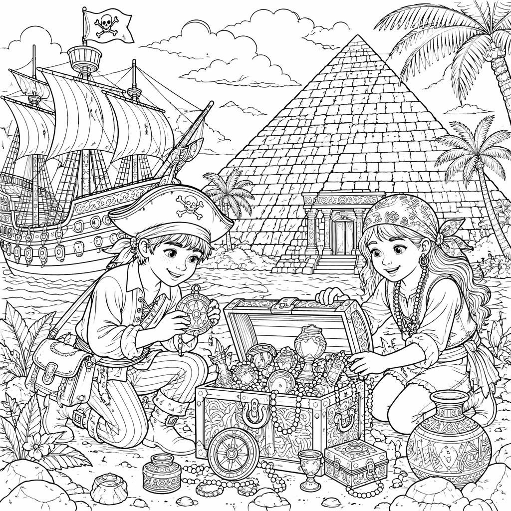 Schwarz-weiße Ausmalbild-Illustration mit Piratenschiff, Schatz und kindgerechten Details in feiner Line-Art.