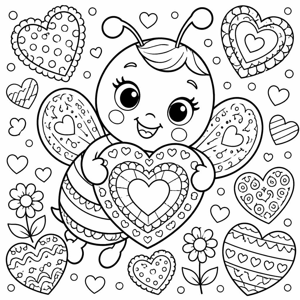 Schwarz-weiße Ausmalseite mit Herzen für Kinder im Zentangle-Stil, klare Konturen, detailreich und druckbar.