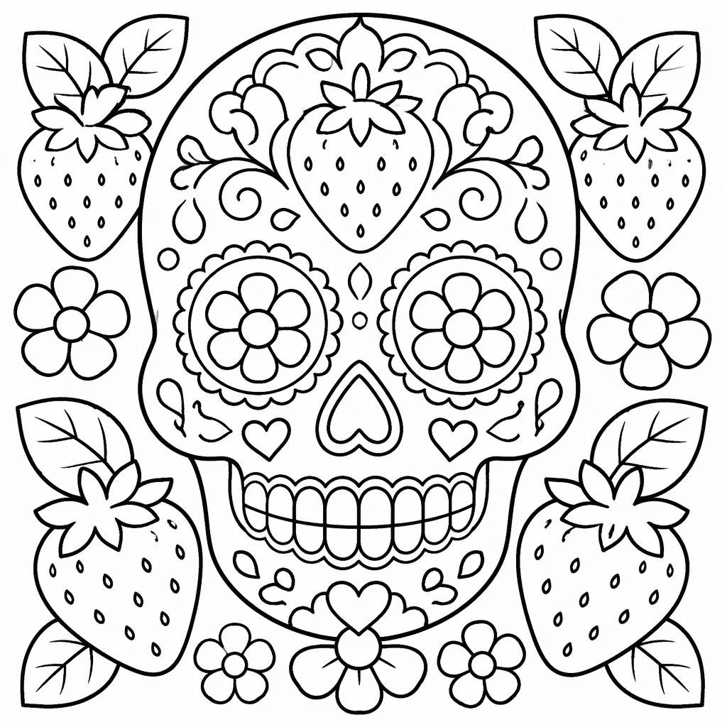 Black-and-white sugar skull coloring page in a simple mandala geometric style with bold outlines on a white background.