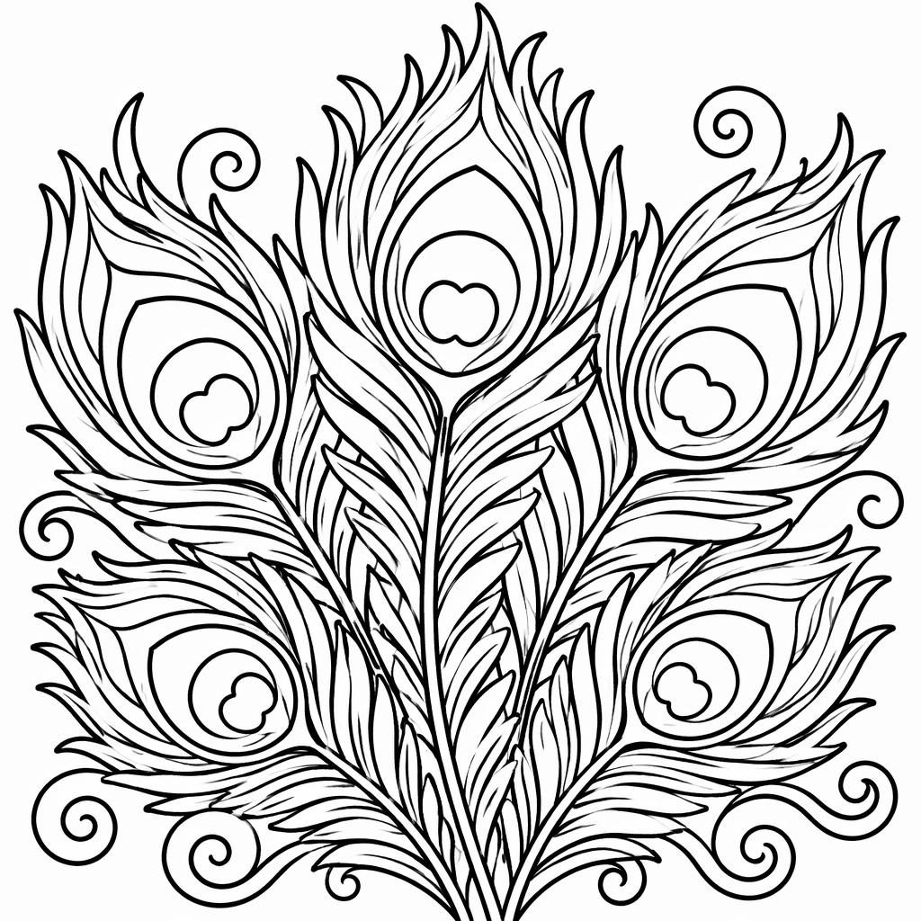 Illustration noir et blanc de plumes de paon en style cartoon mignon, avec contours épais et formes fermées à colorier.