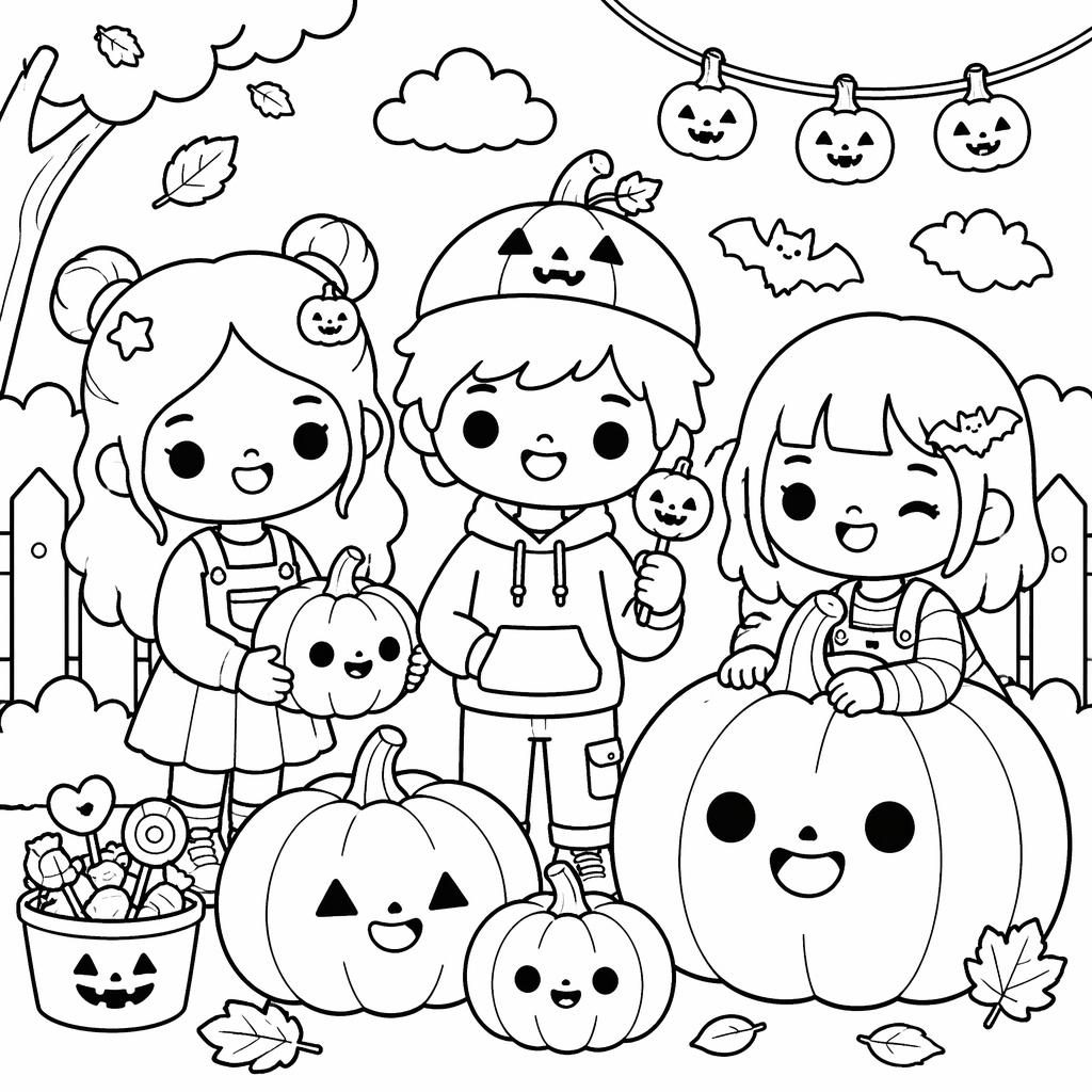Black-and-white manga-inspired coloring page of kids with Halloween pumpkins in clean printable line art.