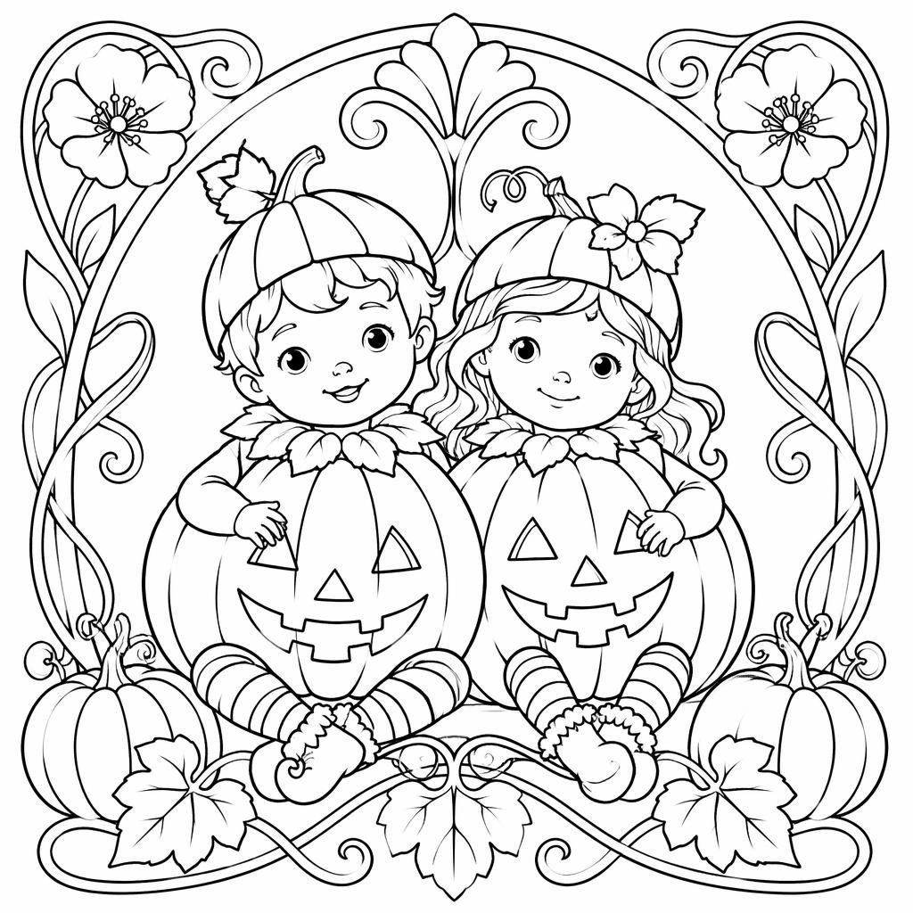 Schwarz-weiße Ausmalseite mit Kindern und Halloween-Kürbis im Jugendstil, klare Konturen auf weißem Hintergrund.