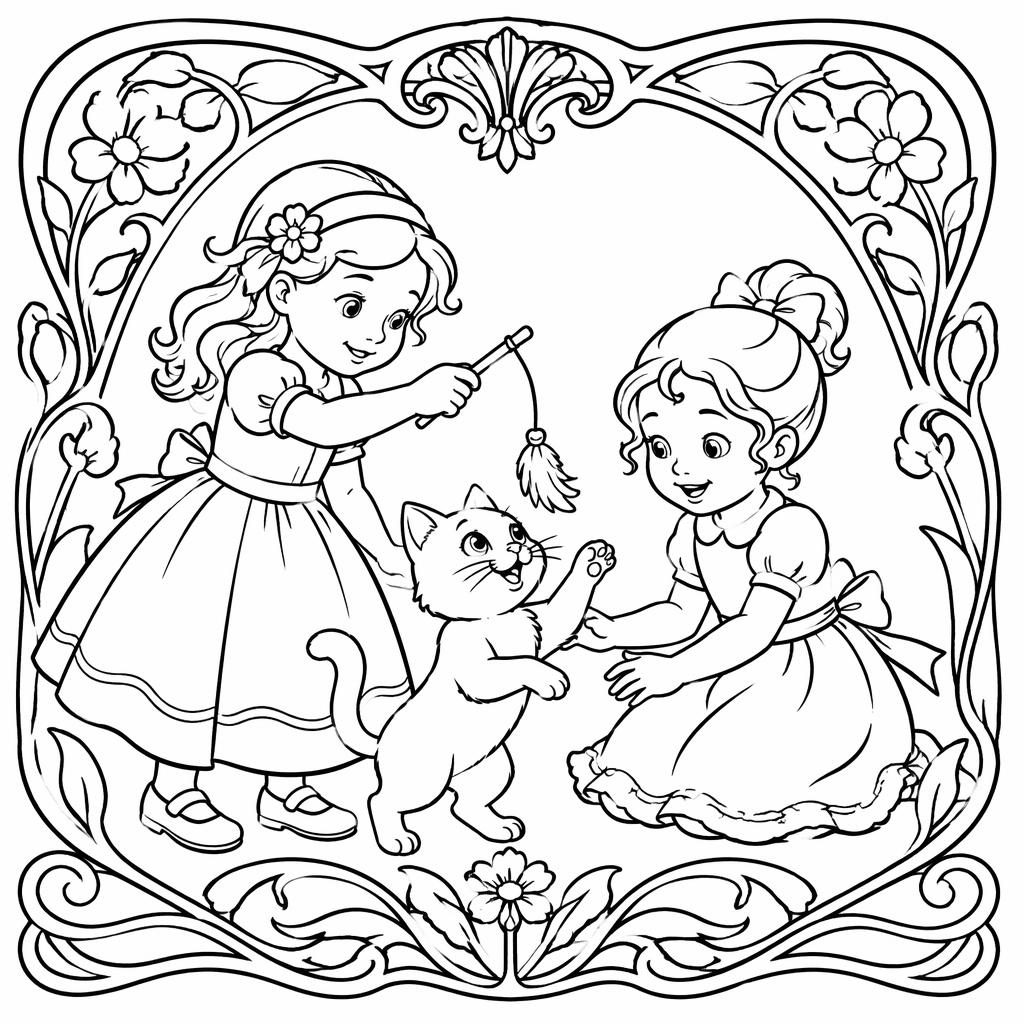 Schwarz-weiße Ausmalseite mit spielender Katze, fröhlichen Kindern und dekorativen Linien im Jugendstil