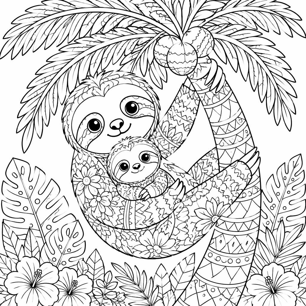 Ilustración para colorear en blanco y negro de una madre animal con su cría junto a una palmera, estilo tierno.