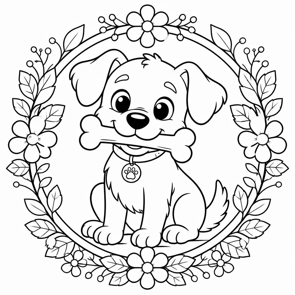 Schwarz-weiße Ausmalbild-Illustration eines niedlichen Cartoon-Hunds mit Knochen in klaren Konturen.