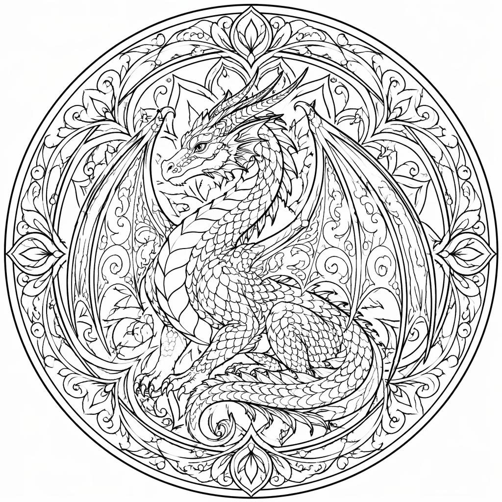 Ilustración en blanco y negro de un dragón de fantasía adulto con detalles tipo mandala y estilo art nouveau.