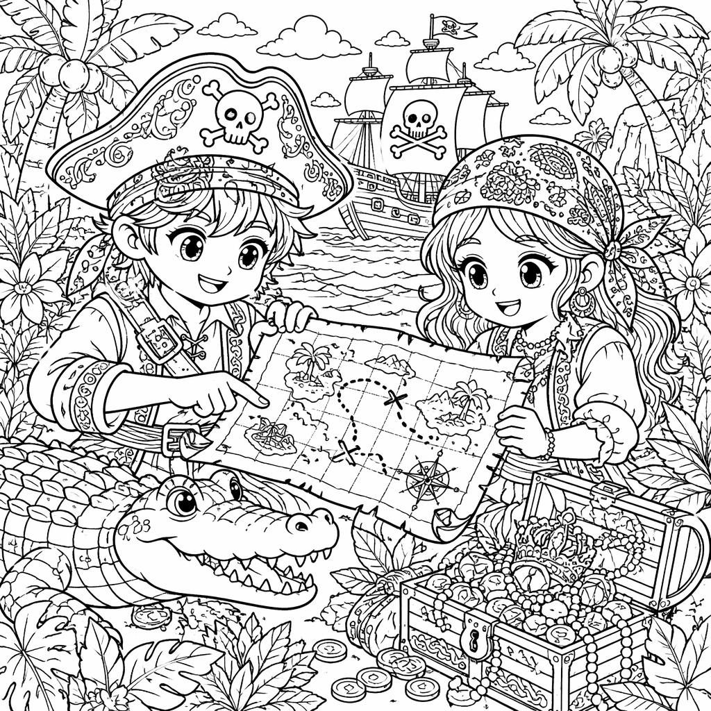Black-and-white coloring page of kid-friendly pirates with a treasure map, intricate manga-style line art on white.
