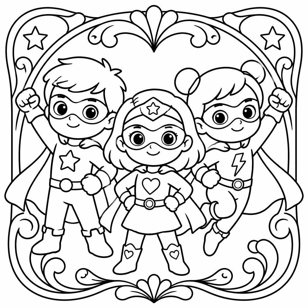 Illustration noir et blanc de petits enfants super-héros, traits épais, formes simples, style art nouveau à colorier