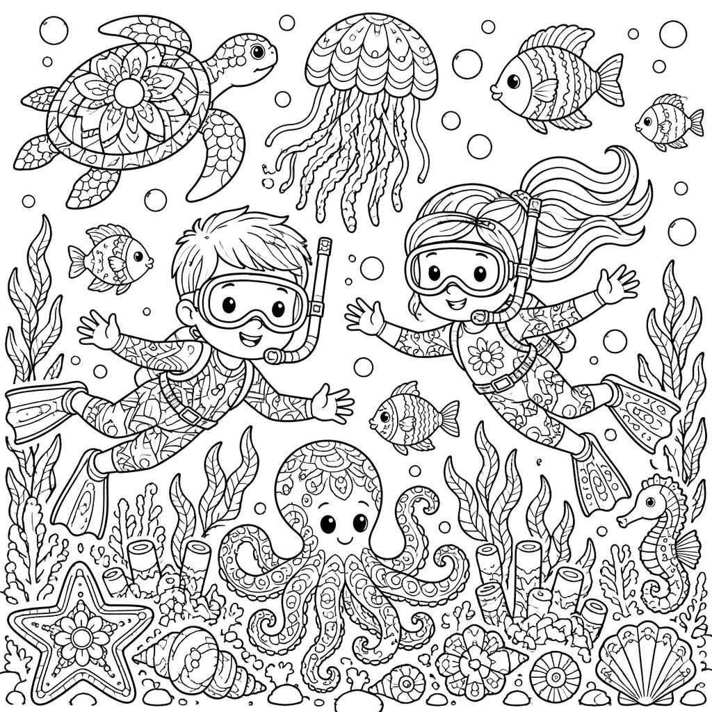 Ilustración para colorear en blanco y negro de una escena submarina infantil con peces, coral y formas mandala