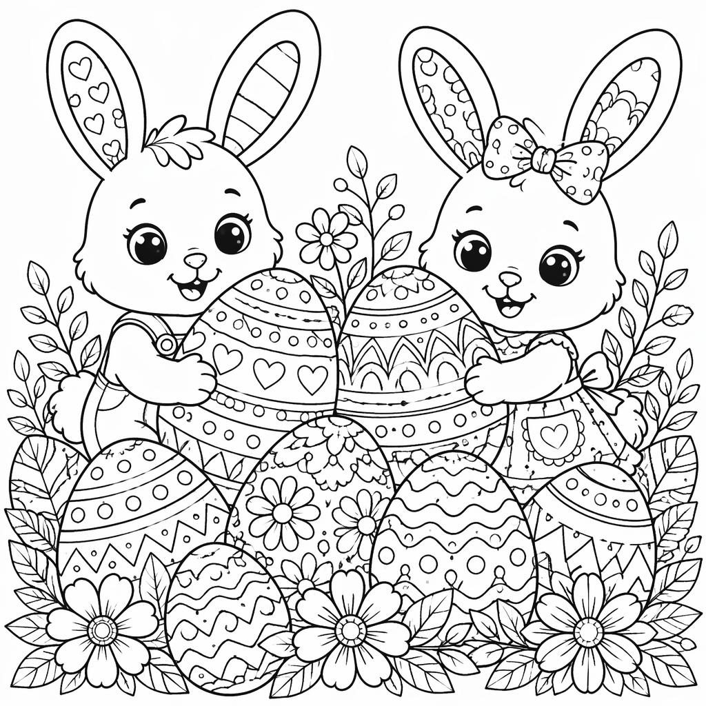 Black-and-white coloring page with bunny kids and decorated Easter eggs in intricate zentangle-style line art.