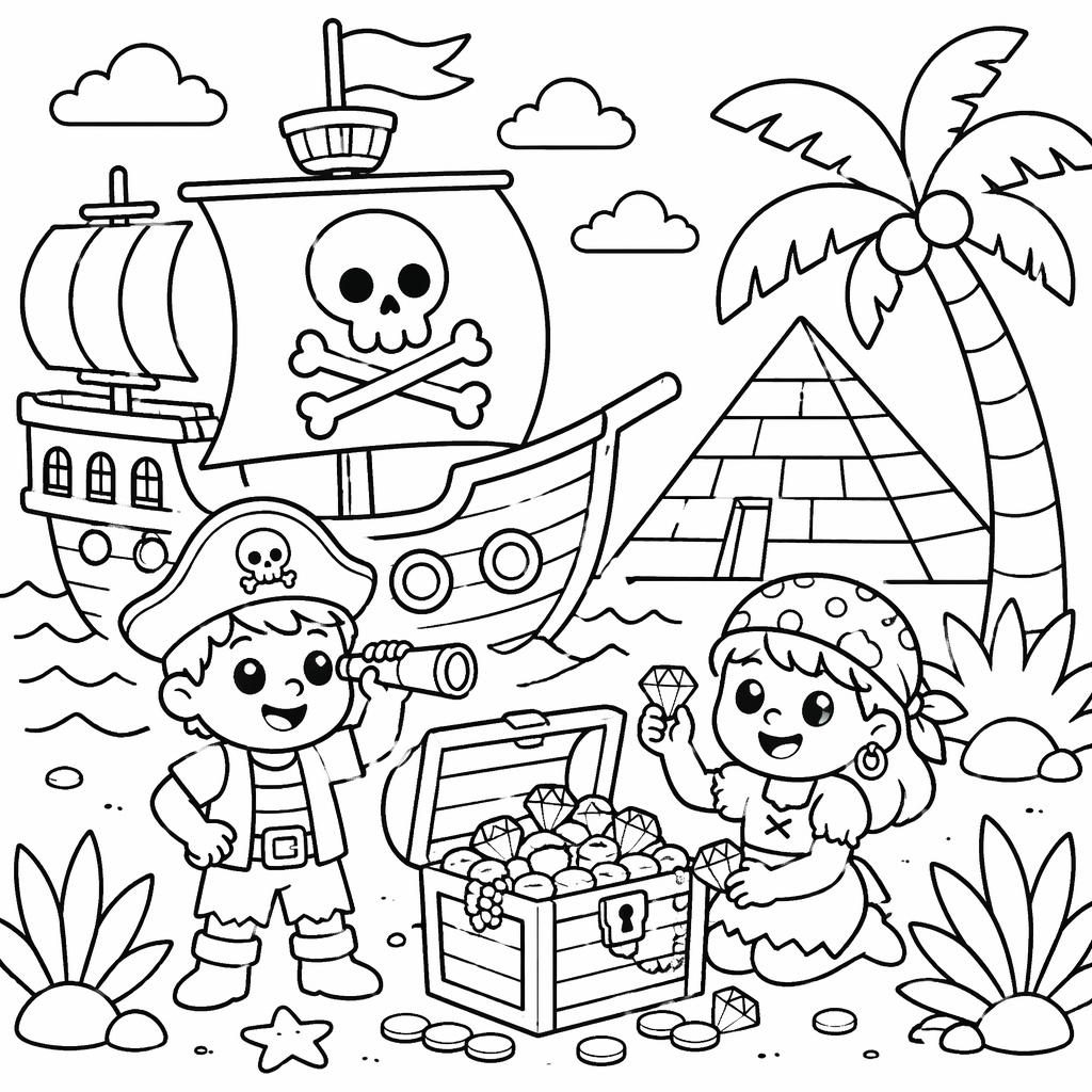Schwarz-weißes Ausmalbild mit Piratenschiff, Schatz und kindgerechten, dicken Linien im Doodle-Stil.