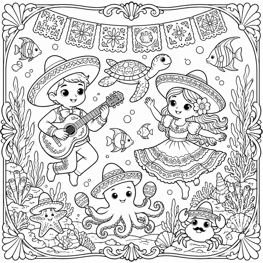 Black-and-white coloring page showing a detailed underwater ocean scene for kids with fish, coral, seashells, and bubbles.