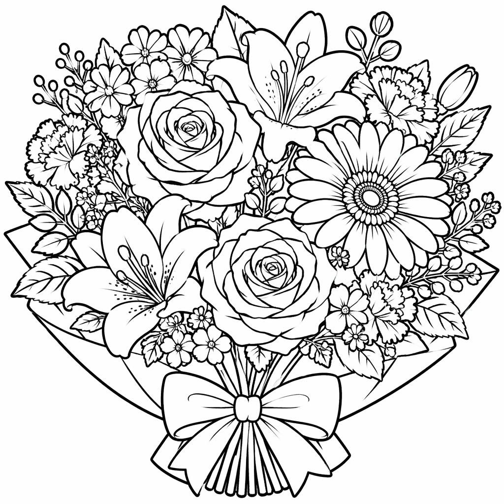 Black-and-white line art of a detailed flower bouquet with chunky outlines, printable as a kids coloring page.