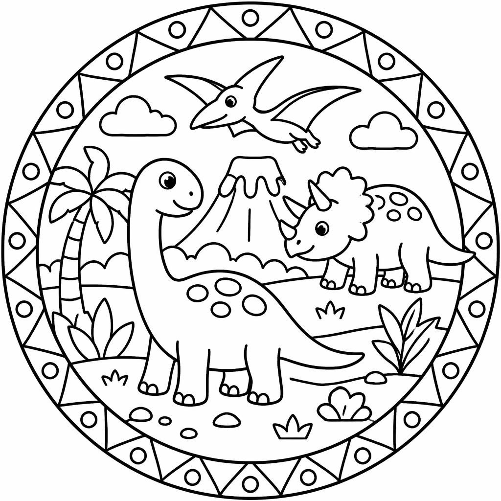 Schwarz-weiße Ausmalseite mit einfachen Dinosaurier-Szenen für Kinder, klare Konturen, kindlich und druckbar.