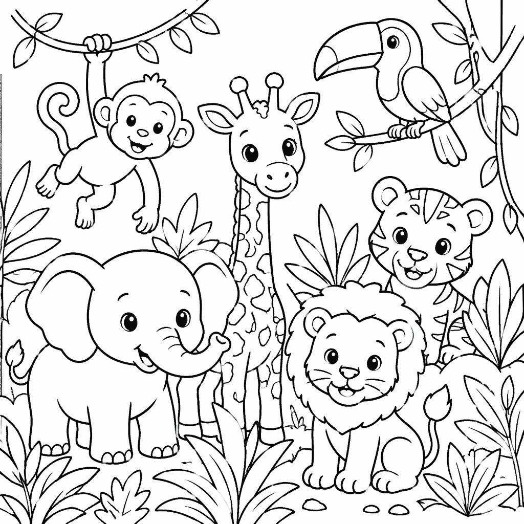 Ilustración en blanco y negro de animales de la jungla para niños, con contornos simples y fondo blanco.