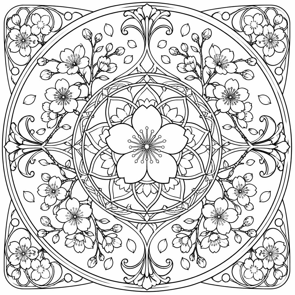 Ilustración para colorear en blanco y negro de flores de cerezo japonesas con diseño mandala detallado para adultos.