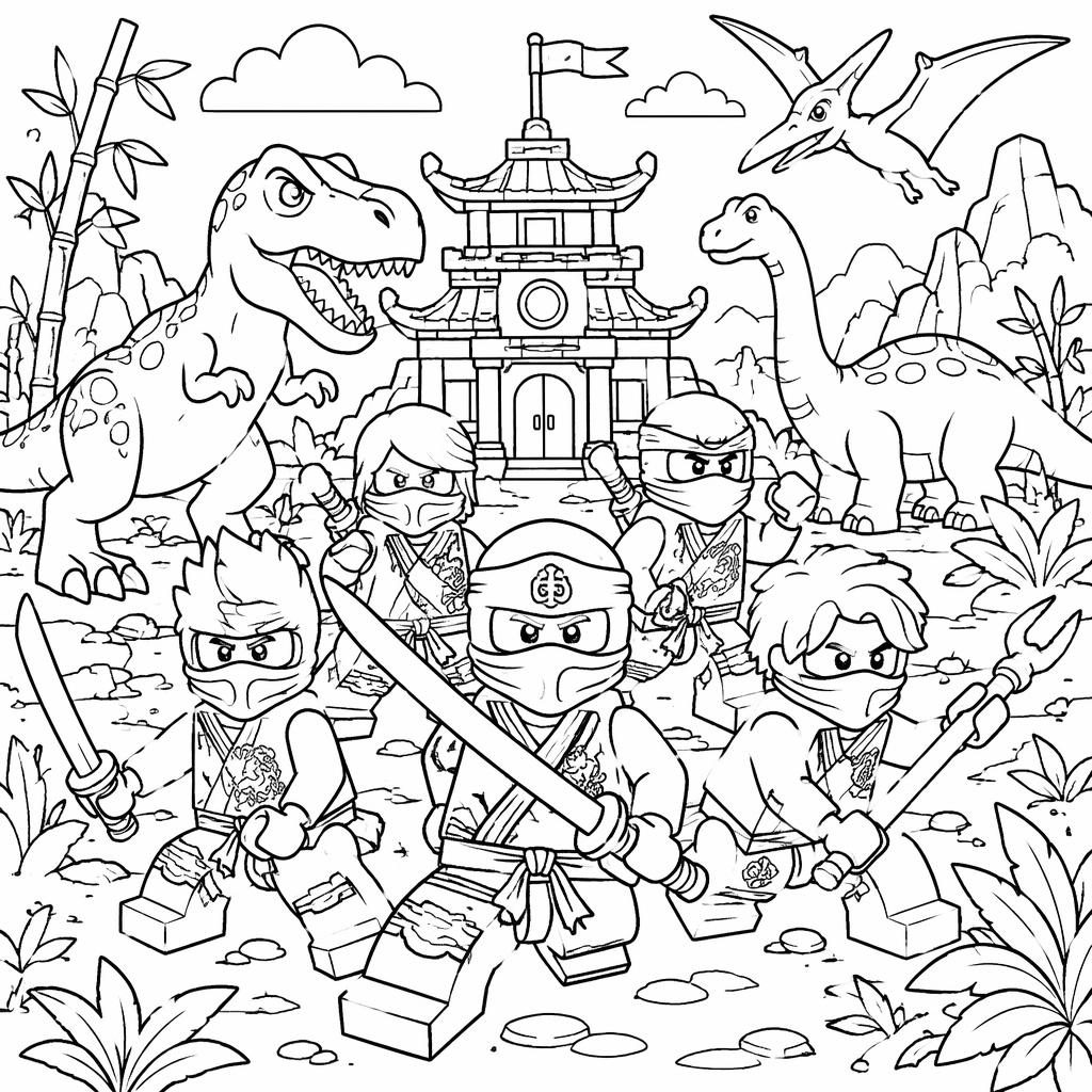 Schwarz-weißes Ausmalbild mit kindlichen Dinosaurier-Szenen, Pflanzen und klaren Konturen auf weißem Hintergrund.