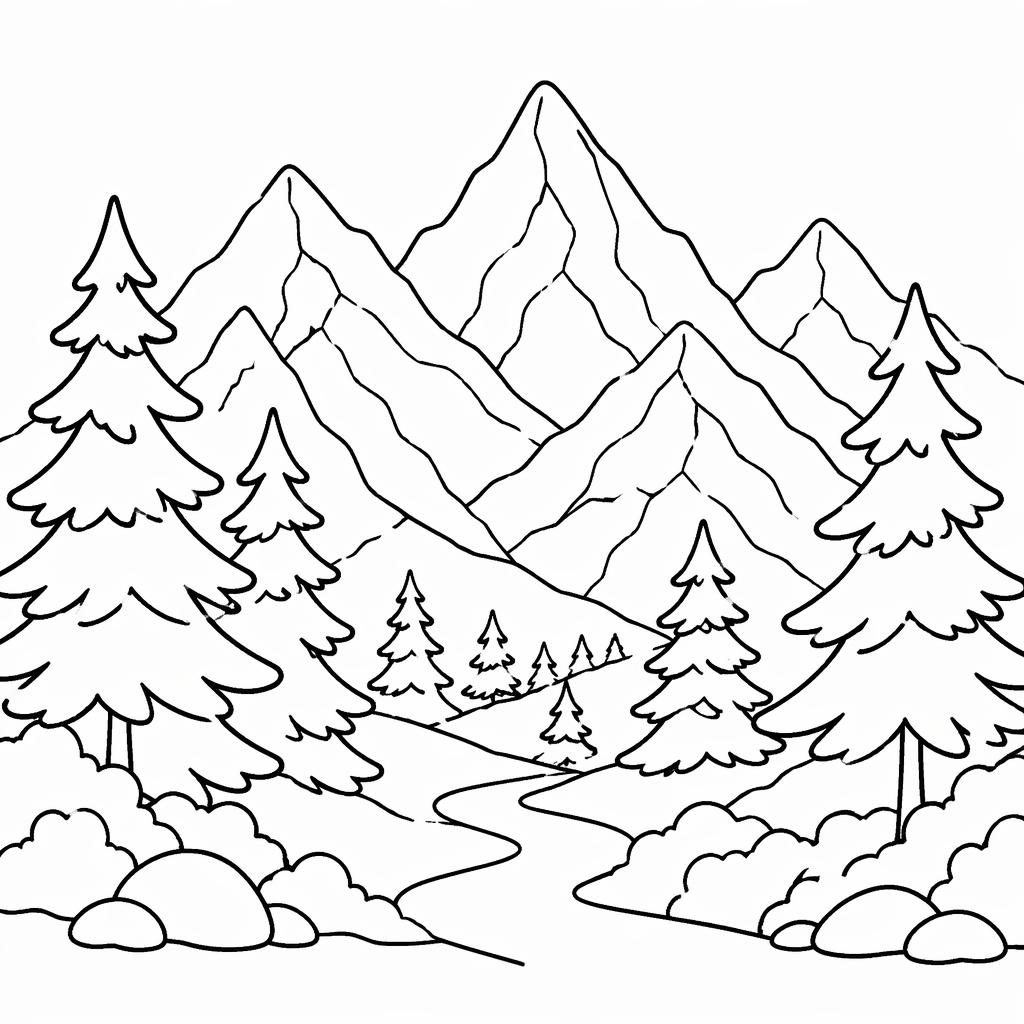 Ilustración para colorear en blanco y negro con montañas, pinos y estilo manga de líneas simples para adultos.