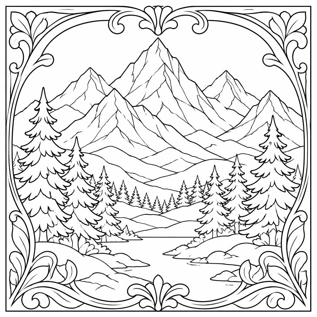 Ilustración en blanco y negro de montañas y pinos para adultos, con contornos limpios estilo art nouveau.