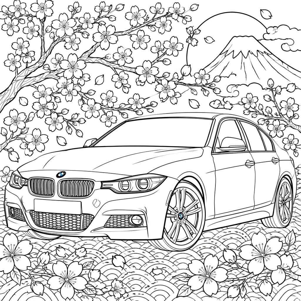 Schwarz-weiße Ausmalseite mit japanischer Kirschblüte im Zentangle-Stil, klare Konturen, kindgerecht und druckbar.