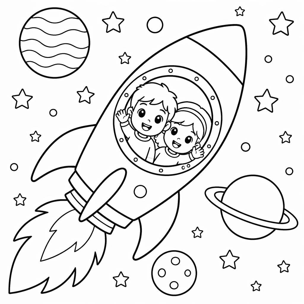 Schwarz-weiße Ausmalseite mit einfacher Rakete und mehreren Planeten im kinderfreundlichen Manga-Stil.