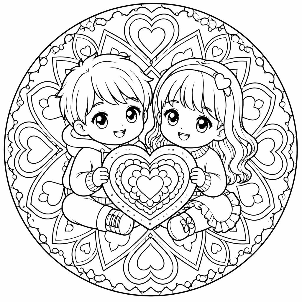 Página para colorear en blanco y negro con corazones de San Valentín para niños, estilo manga y detalles moderados.
