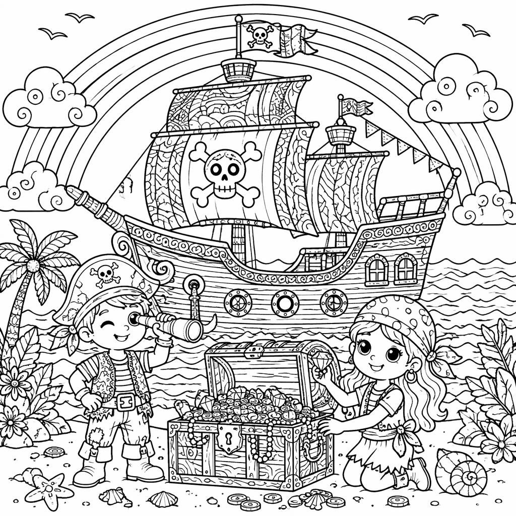 Schwarz-weiße Ausmalbild-Illustration mit Piratenschiff, Schatztruhe und kindgerechten Details im Zentangle-Stil.