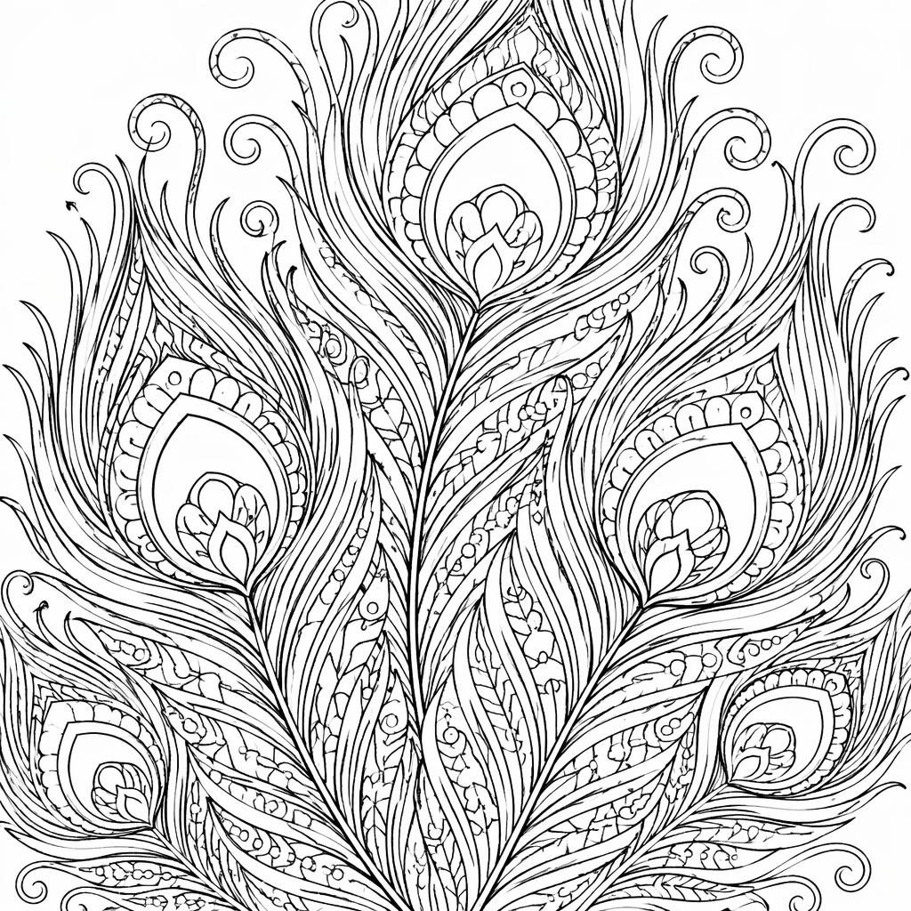 Schwarz-weiße Ausmalvorlage mit detailreichen Pfauenfedern im Zentangle-Stil als saubere Line-Art auf weißem Hintergrund.