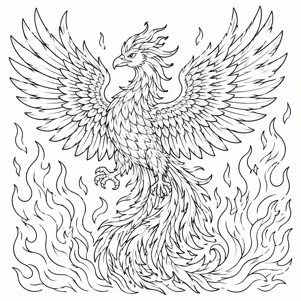 Schwarz-weiße Ausmalseite mit detailliertem Phoenix in Flammen, klare Konturen, weißer Hintergrund, lineares Motiv für Erwachsene.