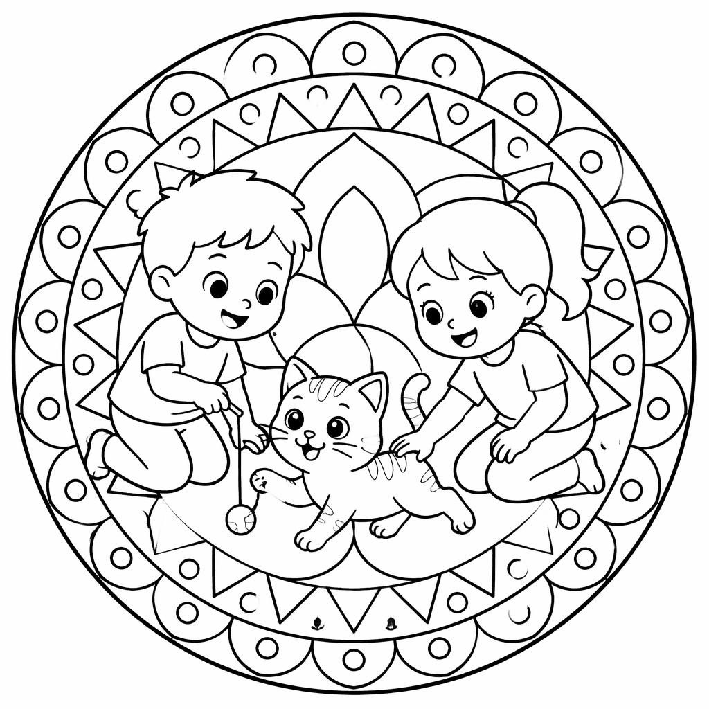 Black-and-white coloring page line art of a cat playing with cheerful kids in a simple mandala geometric style.