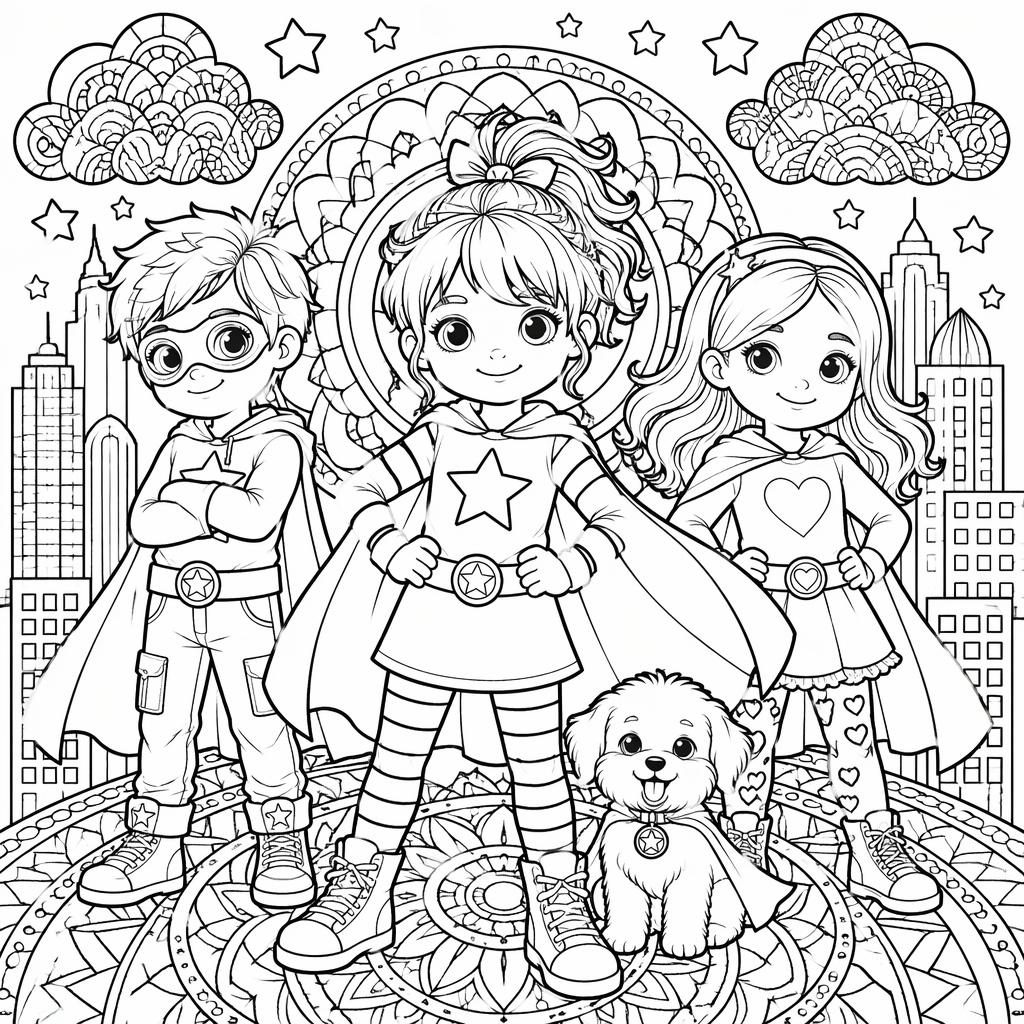 Schwarz-weißes Ausmalbild mit Superhelden-Kindern im Manga-Stil, detailreich, mit klaren Konturen auf weißem Hintergrund.