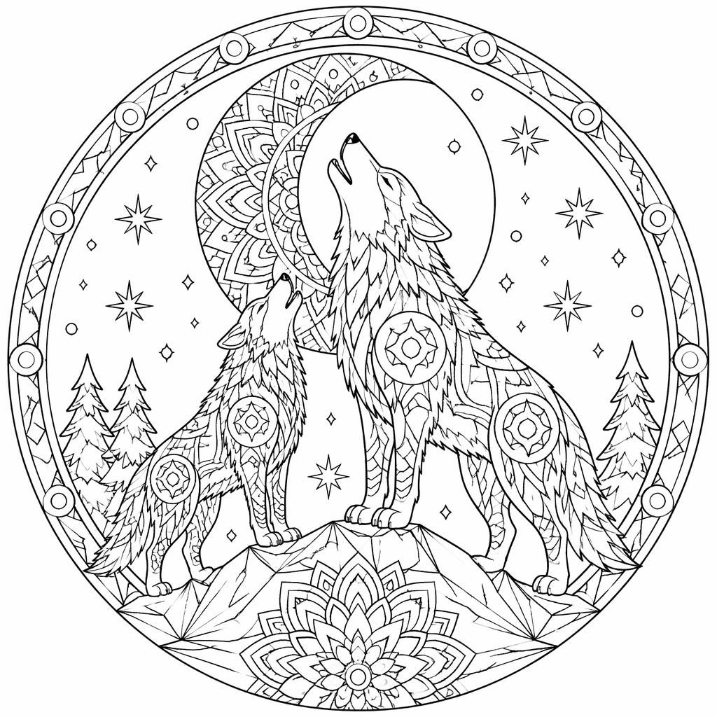 Schwarz-weiße Ausmalseite mit heulenden Wölfen vor dem Mond im geometrischen Mandala-Linienstil