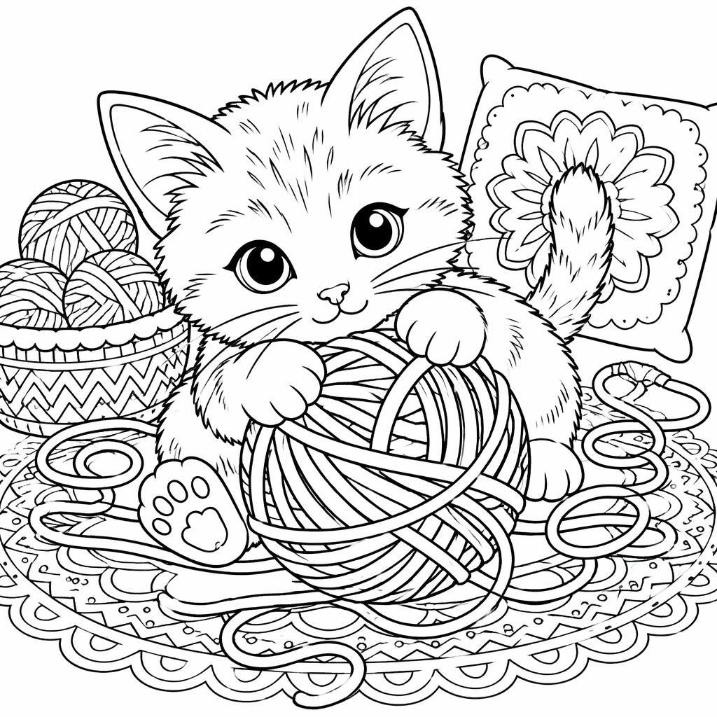 Illustration noir et blanc d’un chaton avec une pelote, style manga, contours nets à colorier sur fond blanc.
